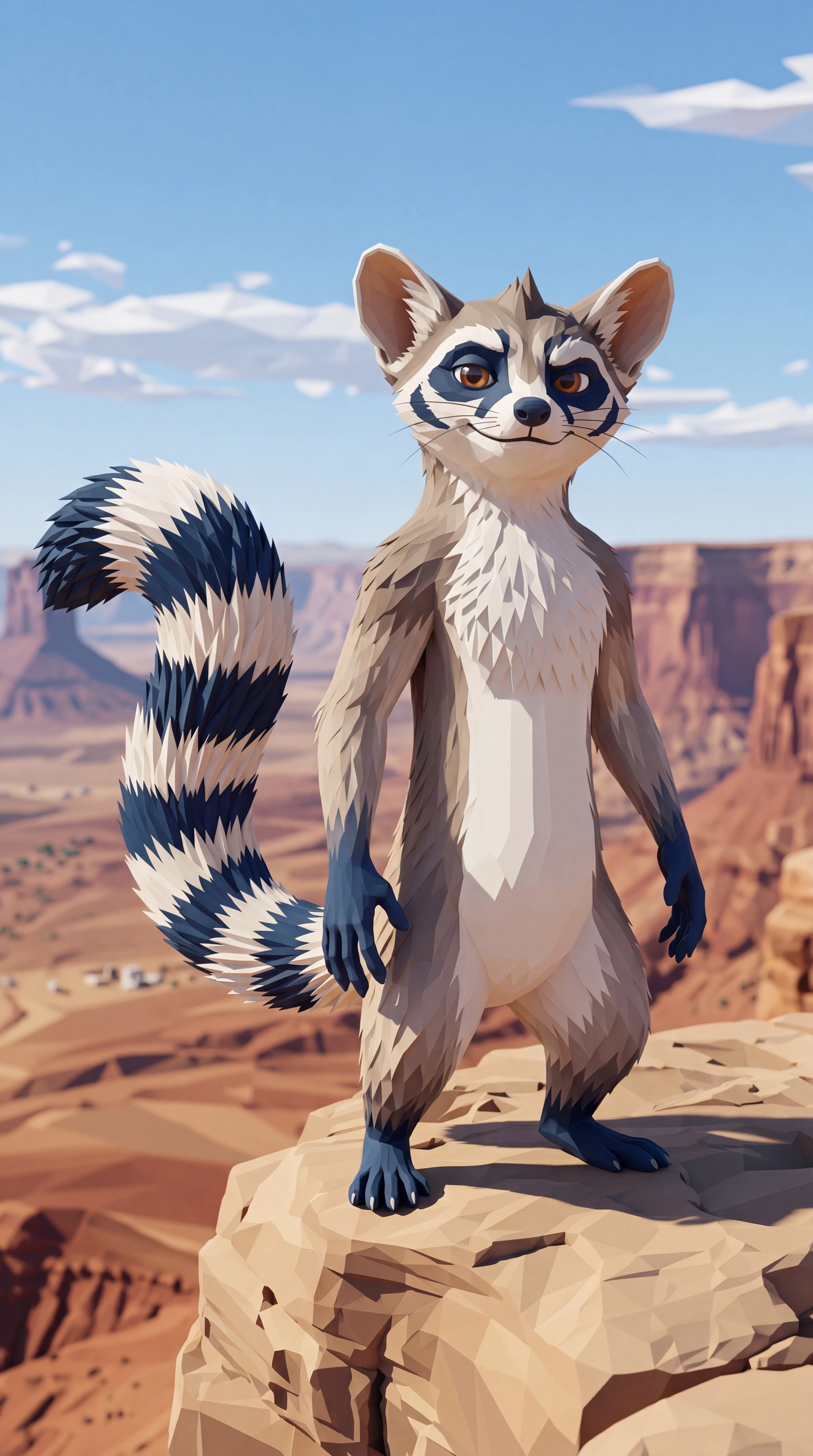 Kai, a low-poly ringtail with a cream chest and navy banded tail and face, standing upright on a desert canyon ledge with a confident smile and one eyebrow raised