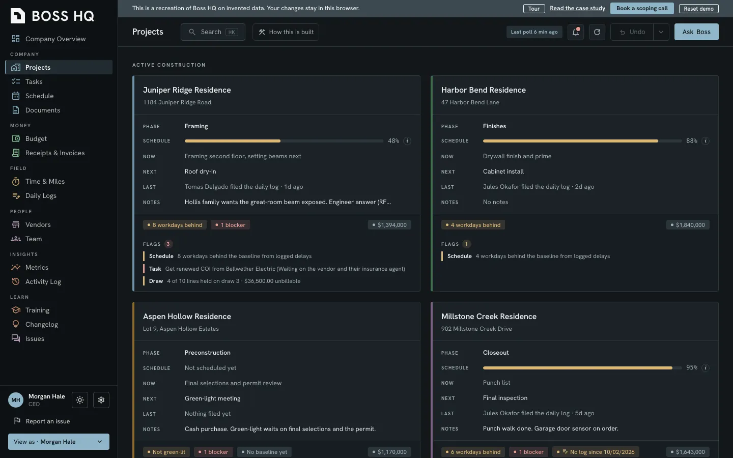 Boss HQ projects board in the demo: the top of the board, with active homes shown by phase, schedule status, and what is happening now and next