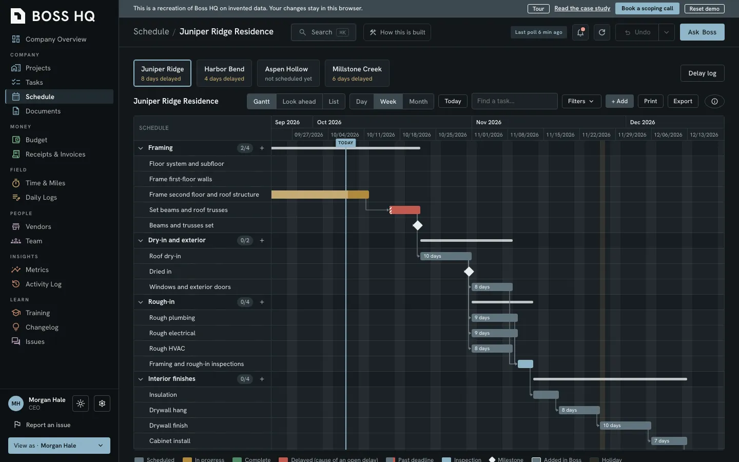 Boss HQ schedule view in the demo with a Gantt chart of phases, dependencies, and dates for one job