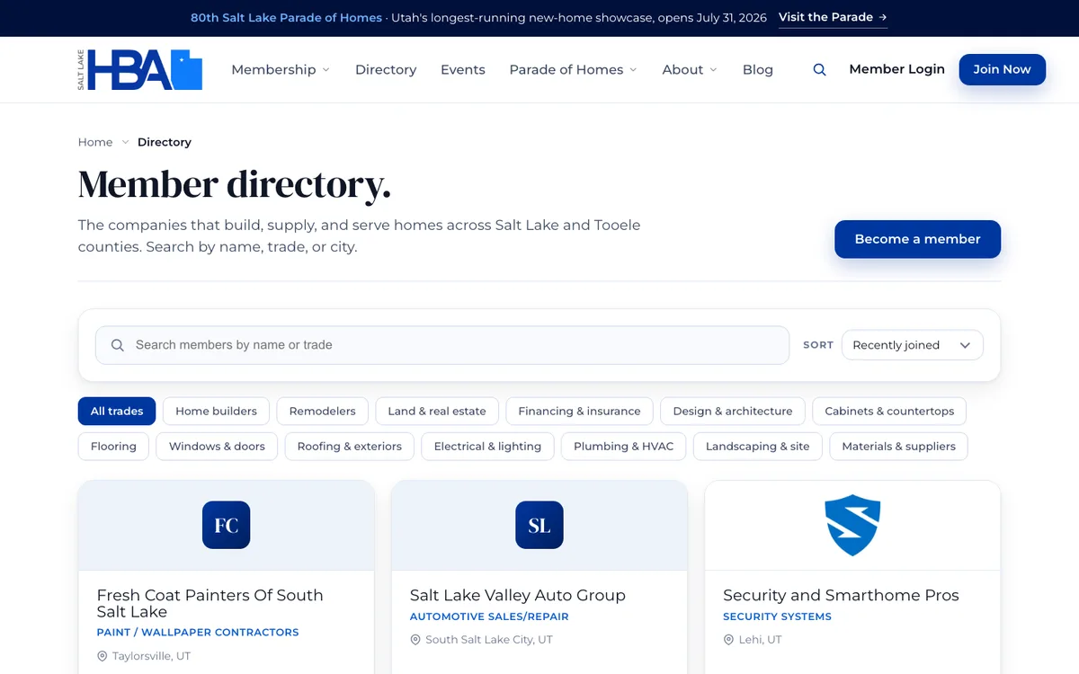 Salt Lake Home Builders Association searchable member directory